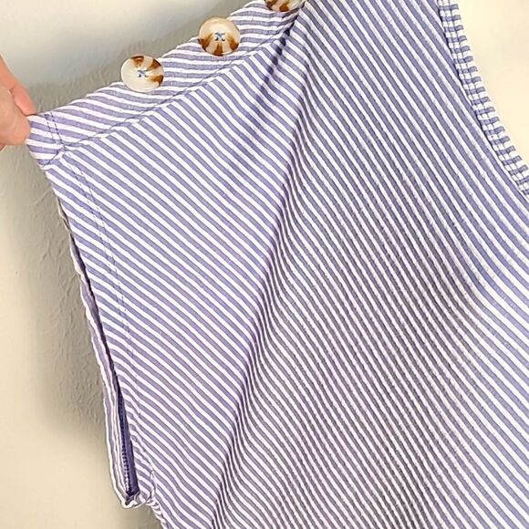 French Laundry Blue & White Pinstripe Top Buttons on Shoulders & Ruching… - Picture 5 of 8